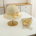 Detail of children's straw hat and crossbody bag set with yellow polka dot bow decoration - Hat + Bag Set / Beige