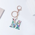 Floral letter M keychain with colorful bird pattern and gold clasp for bags - Letter M (No Tassel)