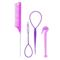 Macro view of a 4-piece pink and purple hair styling tool set with combs and needles - Purple 4-Piece Set