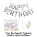 Silver HAPPY BIRTHDAY foil balloon set with straw and ribbon in cardboard package - Silver Happy Birthday