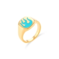 Anello a sigillo placcato oro con motivo a fiamma in smalto blu su superficie quadrata - US 6 / Celeste