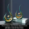 Modern abstract ceramic phoenix figurines in green and gold for living room decor - Phoenix Flight - Green Gold Pair