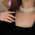 Vintage double layer pearl necklace with rhinestone pendant and bow ring set - Gold Oval Triple Layer Style (14# Necklace)