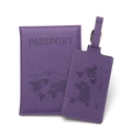 Purple PU leather passport holder and luggage tag set with embossed world map design - Set / Purple