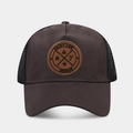 Detailed front view of brown trucker hat with mesh back and Enjoy Life leather patch - Adjustable / Solid Grey