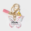 Detail of butterfly keychain with floral text for Mom, pink tassel and bee charm - Mom