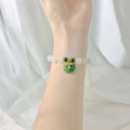 Exquisite pearl and sea blue bead bracelet featuring a gold-edged Ruyi lock pendant - S073-white Jade Green Bead Bracelet With Green Longevity Lock #sz568