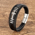 Bracciale multistrato in pelle nera intrecciata con croce in metallo e chiusura magnetica - Argento