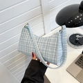 Sac sous le bras en tweed à carreaux bleus, style baguette minimaliste pour femmes - Bleu