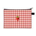Waterproof large red plaid makeup bag with strawberry print and black zipper closure - 08-Strawberry Red White Plaid