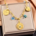 Bracciale dorato in acciaio con turchese, mano di Fatima e ciondolo a occhio - Piastra Rotonda Celeste