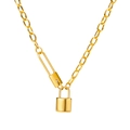 Detail of 18k gold plated safety pin necklace with a polished padlock pendant charm - Gold Padlock Pin
