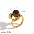 Anello in acciaio inossidabile placcato oro 18k con pietra tonda occhio di tigre ambra - Anello Texture Pietra Occhio di Tigre (TR4539-TG)