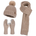 Beiges Winterstrickset mit Pailletten, Bommelmütze, Schal und Touchscreen-Handschuhen - Khaki (3er Set)