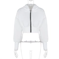 Detail view of white hooded knit cardigan with zip closure and ribbed cuffs - S / White