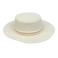Creamy white flat top wide brim straw hat with decorative pearl and gold metal chain - Artificial Pearl Gold Chain Style (299J)