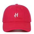 Detailed close-up of 3D white H letter embroidery on red cotton twill baseball cap - Rose Red