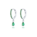 Detailed macro of S925 sterling silver hoop earrings with green pear-shaped gemstones - Silver-Green Zircon