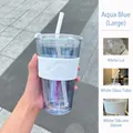 Sky blue large glass straw cup with white silicone sleeve and matching lid - Aqua Blue + White Lid + White Glass Straw + White Silicone Sleeve