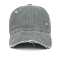 Distressed mid-grey washed cotton baseball cap with vintage frayed holes and curved brim - Adjustable / Gray