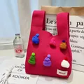 Rose red knit tote bag with 3D mini hat decorations for trendy daily commuting - Colorful Hat Fuchsia