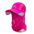 Quick-dry rose red outdoor sun hat with removable face mask and neck protection flap - Adjustable (56-60cm) / Extendable Brim Style / Rose Red