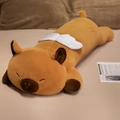Lying plush capybara body pillow with white wings and sun embroidery in brown finish - Angel Capybara Pillow / 65cm