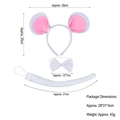 White and pink plush mouse ears headband, bowtie and tail costume set with measurements - White Felt Mouse 3-Piece Set