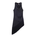 Elegant black satin off-shoulder evening dress with draped neck and fringe hemline - XS / Black