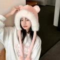 Bonnet d'hiver rose en peluche avec oreilles d'ours et bordure en fourrure blanche - Taille unique / Rose