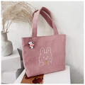 Borsa tote in velluto a coste rosa con ricamo a coniglio e ciondolo a mucca carina - Borsa Singola / Rosa
