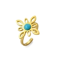 Adjustable golden stainless steel flower ring with center turquoise stone inlay - Gold Chinese Knot