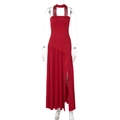 Detail of red halter neck dress with high slit and elegant draped fabric flow - Red