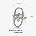 Minimalist silver stainless steel crossover ring with flower design and size specs - Flower Open Ring / Silver