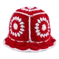 Handmade crochet knit bucket hat with vintage red and white floral pattern for women - Red