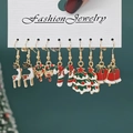 5-pair Christmas earring set with reindeer, wreath, and tree charms in colorful enamel - Style 39 (5 Pairs Set)