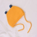 Orange knitted baby winter hat with blue pom-poms and earflaps on white background - 40-46cm (3-12 Months) / Yellow
