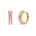 Elegant gold huggie earrings with pink baguette cubic zirconia stones set in a row - Gold Pink Zirconia