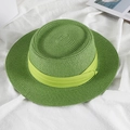 Flat top straw sun hat in vibrant grass green with matching ribbon on white fabric - M (56-58cm) / Green