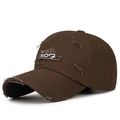 Distressed dark brown baseball cap with embroidered number patch and vintage frayed details - Adjustable / Dark Coffee