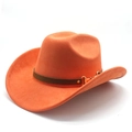 Orange felt western cowboy hat with brown leather band and gold buckle on white background - M(56-59CM) / Orange (Suede)