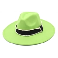 Detail of bright green felt fedora featuring a black ribbon band with white bead embellishment - M (56-58cm) / Fruit Green
