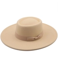 Khaki wool felt boater hat with wide brim and elegant silk ribbon bow for women and men - M (56-58cm) / Off-white