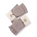 Beige and light brown alpaca wool blend flip-top touchscreen gloves with knit texture - One Size / Khaki (Flip Top)