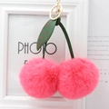Pink faux rabbit fur cherry plush keychain with green leather leaf and gold ring clasp - Watermelon Red