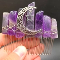 Handmade amethyst crystal hair comb with silver crescent moon and star charm detail - Amethyst