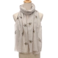 Elegant beige bee print scarf for women featuring delicate fringe and soft fabric - Beige