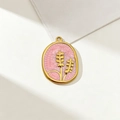 Rosafarbener Emaille-Blumenanhänger mit vergoldetem ovalem Edelstahlrahmen - Typ 1-Oval Pflanze-Rosa