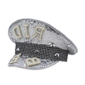 Detailed view of silver sequined captain hat with faux pearl initials and diamond trim - One Size / Silver