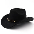 Detail view of black faux suede cowboy hat with rustic double-layer wooden bead band - M(56-58cm) / Black